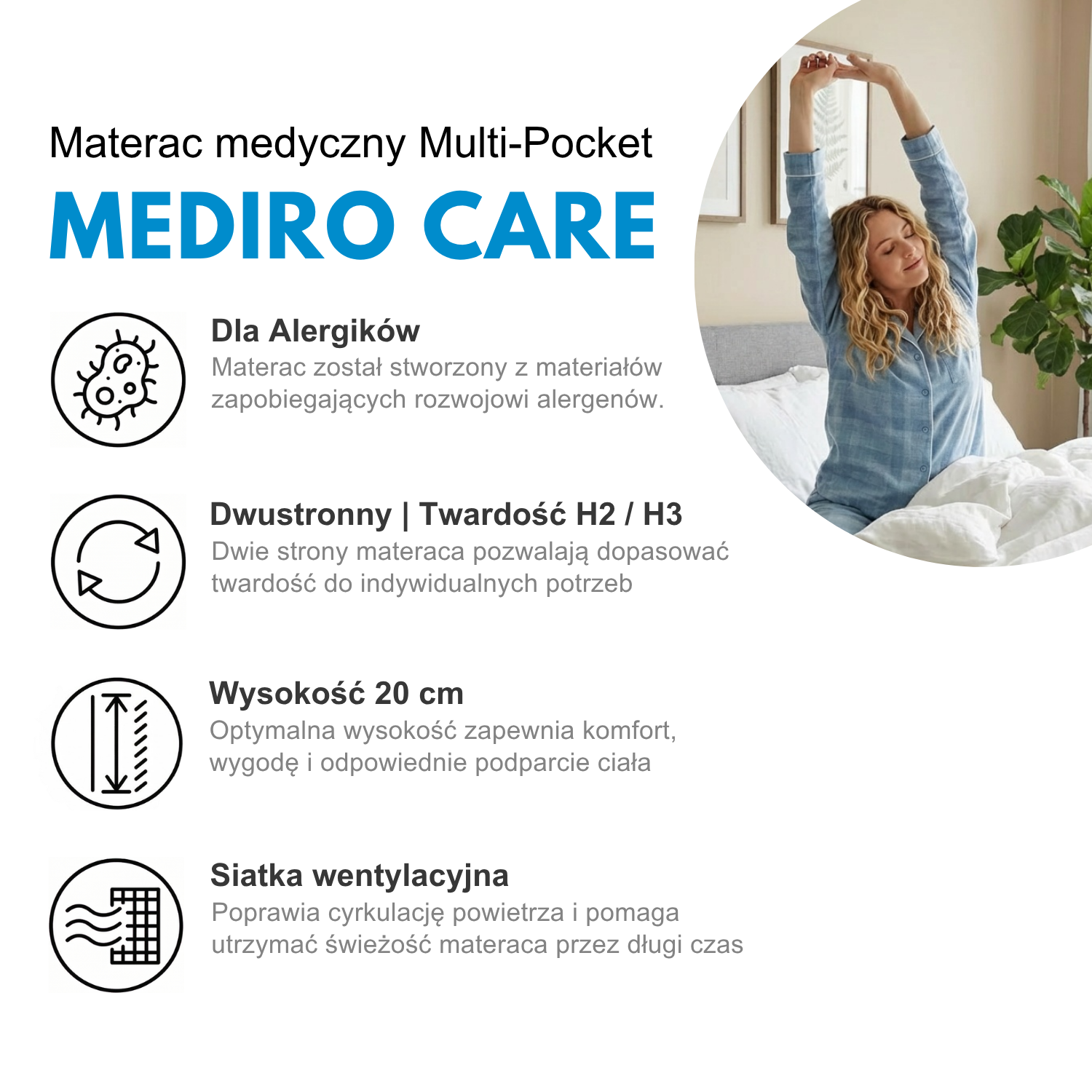 Materac Medyczny Antyalergiczny 90x200 H2/H3 MEDIRO CARE