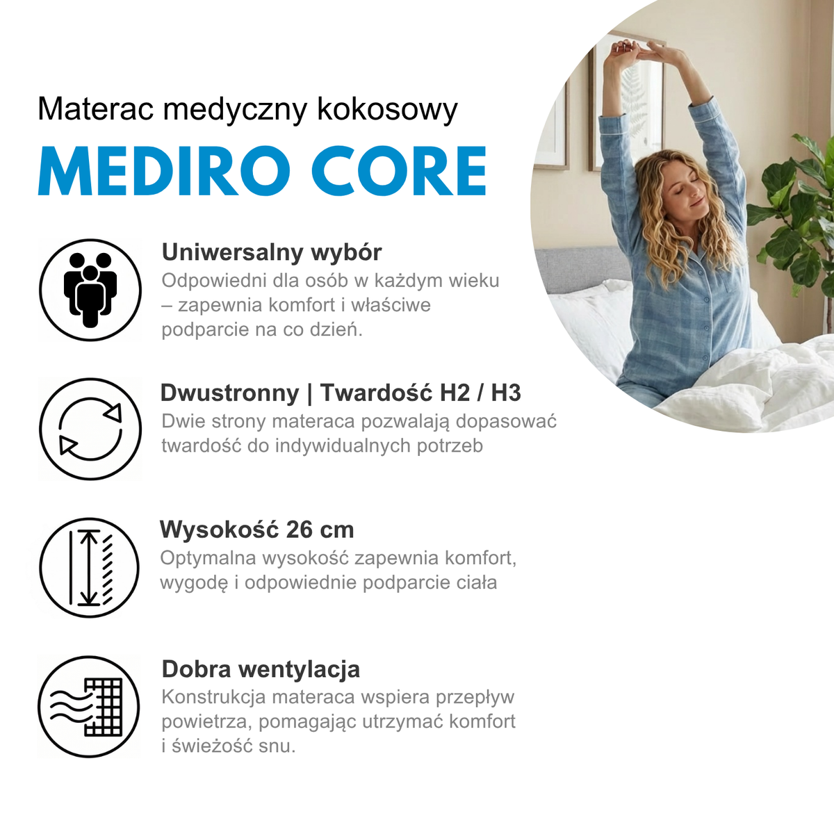 Materac kieszeniowy 90x200 H2/H3 MEDIRO CORE