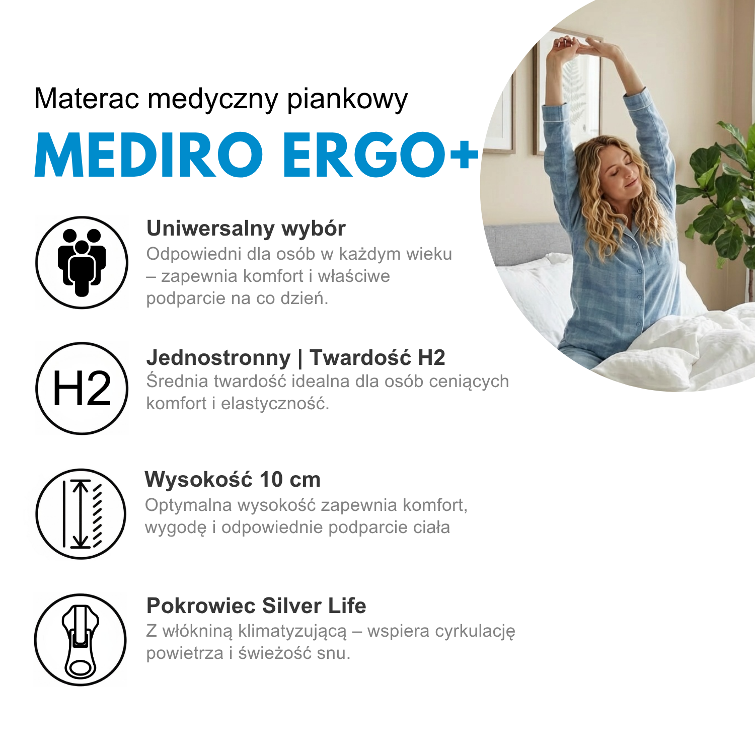 Materac piankowy antyalergiczny 140x200 H2 MEDIRO ERGO+